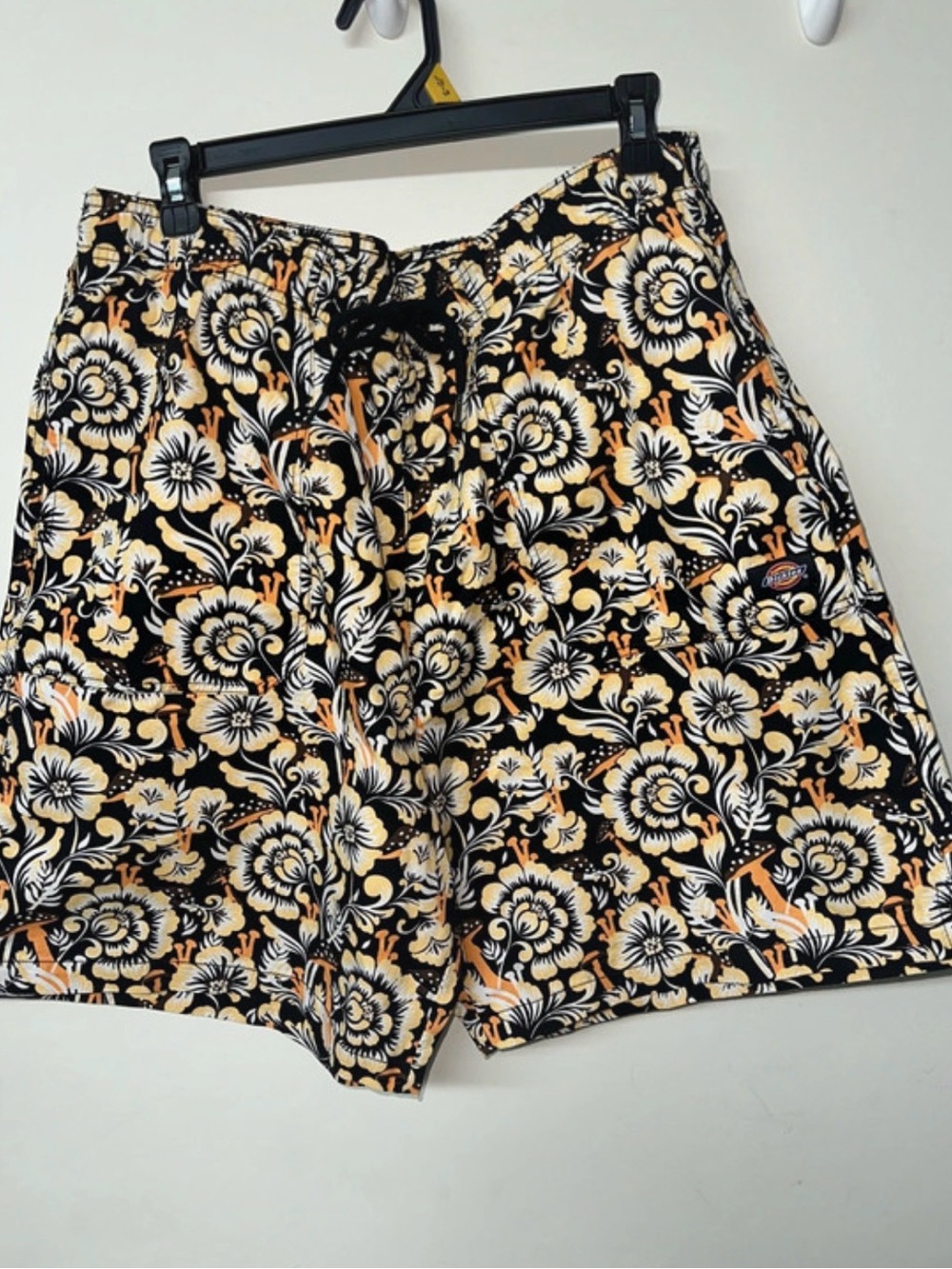 Dickies Men’s Black Floral Print Shorts with Cream & Orange Accents